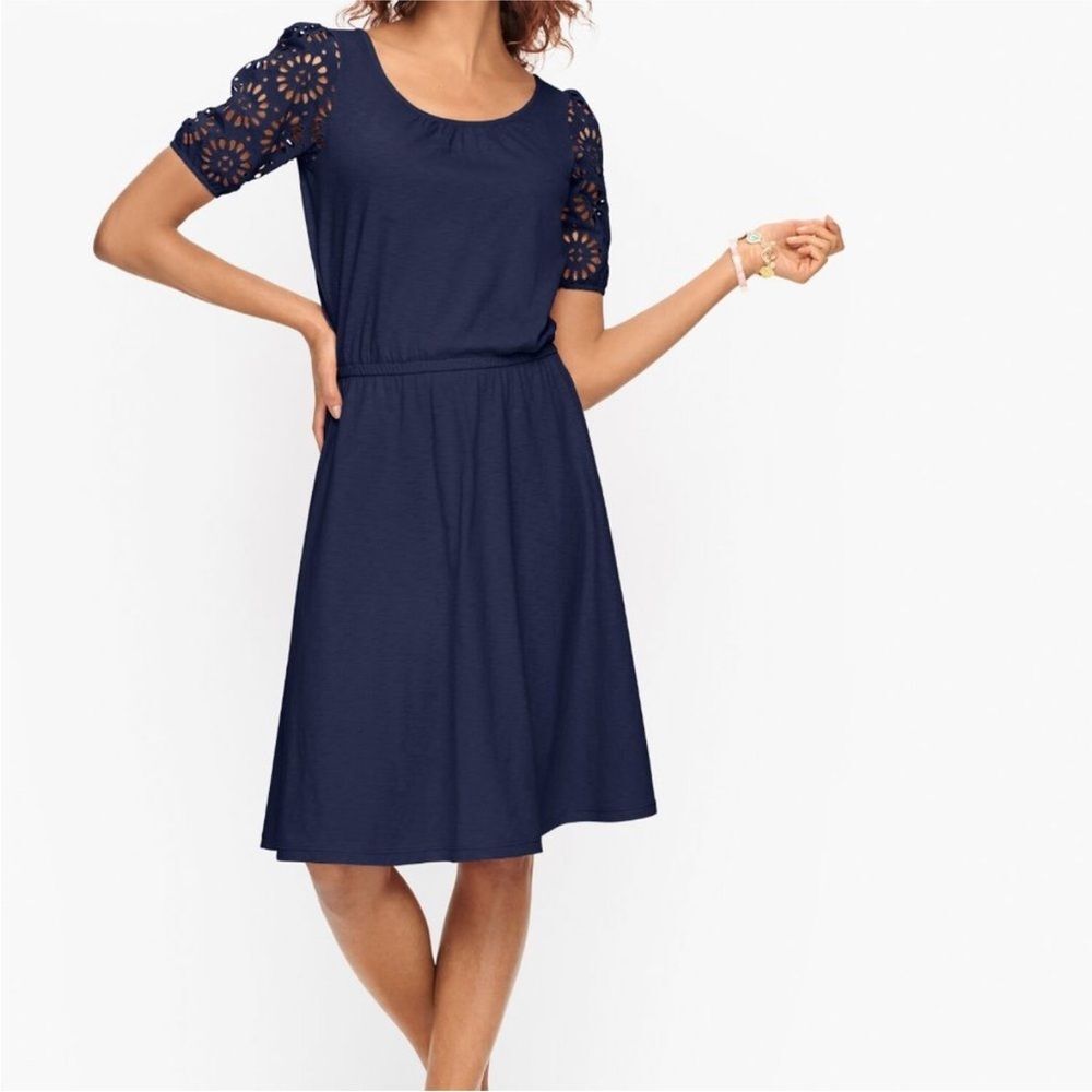 Talbots Navy Blue Cotton Modal Eyelet Sleeve Slub Knit Midi Dress Size XS